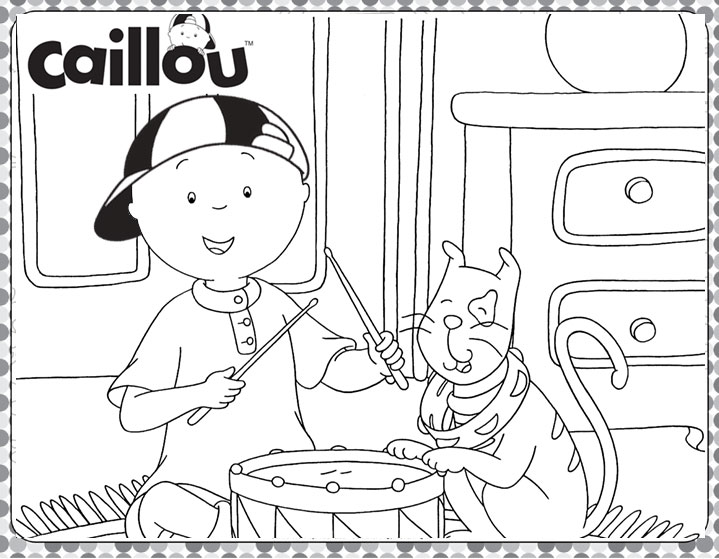 Caillou is playing a drum, cat watching