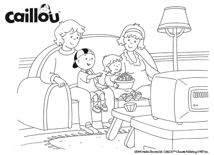 Mom, dad, Caillou and sister sitting on a sofa with popcorn, watching TV
