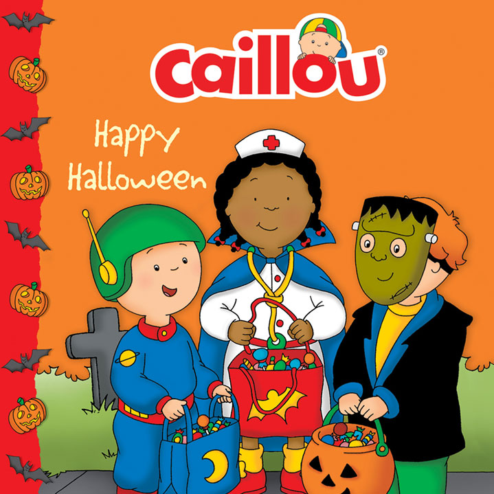 Three kids, wearing different Halloween costumes, standing in front of an orange and red background.