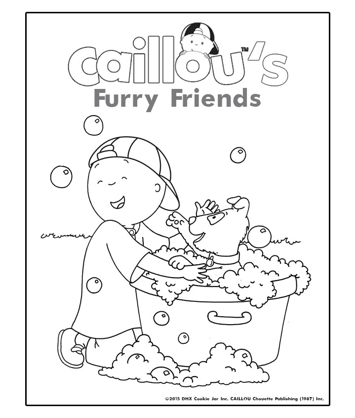 Caillou is washing a dog in tub
