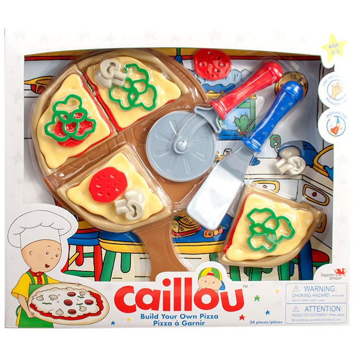 A plastic 'Build Your Own Pizza' activity for kids, inside a clear. box packaging with an image of a young chef.