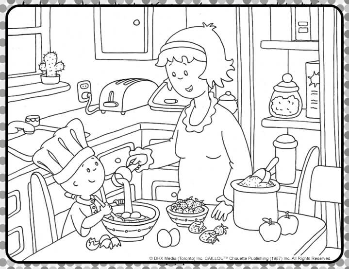 Caillou is mixing food ingredients with mother helping him