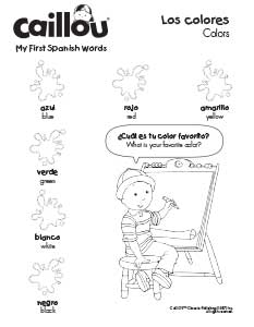 Some words in Spanish-English translations with Caillou sitting in front of a large paper board