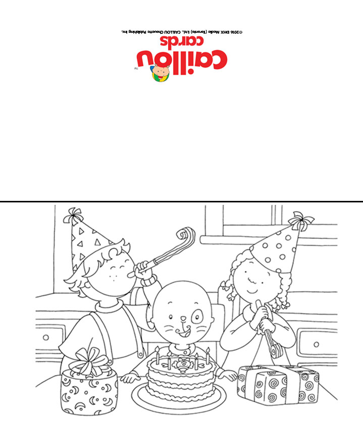 Card template with Caillou sitting in front of a cake with two friends cheering on from behind