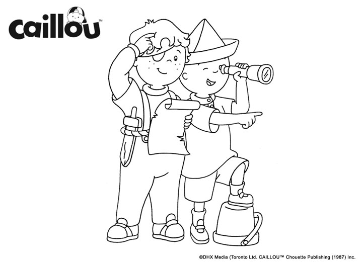 Caillou and another boy are looking at something through the magnifying glass