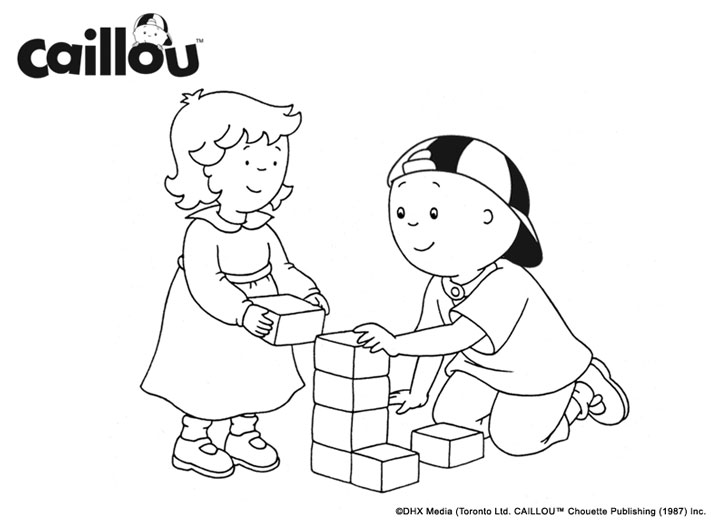 Caillou and and a girl are playing with building blocks