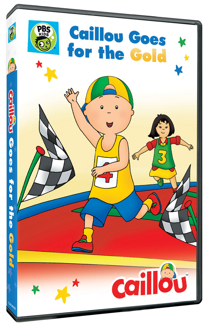 DVD case featuring Caillou and a girl competing on a running track