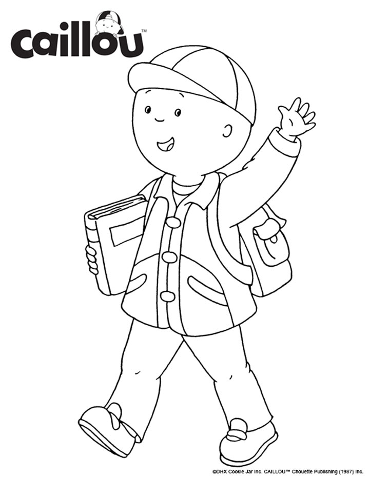 Caillou is walking with a book in his hand and a backpack