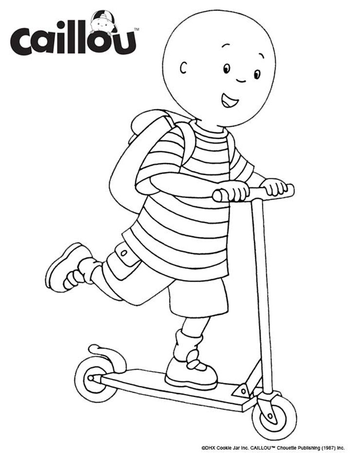 Caillou is riding a scooter
