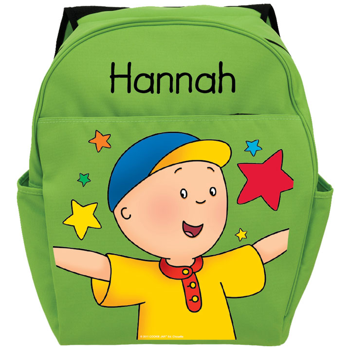 Green backpack with word 'Hannah' and a picture of Caillou