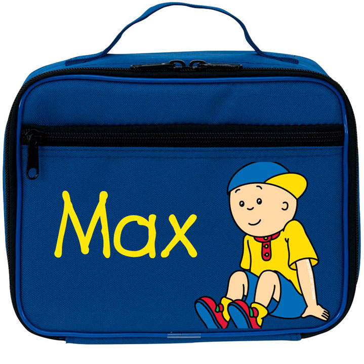 Blue cloth lunch box with picture of Caillou and word 'Max'