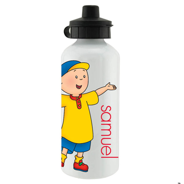 Aluminum water bottle with a word 'Samuel' and a picture of Caillou