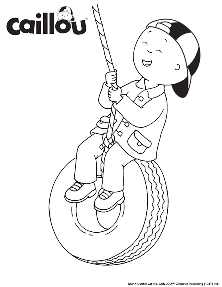 Caillou is enjoying a ride on a tire swing
