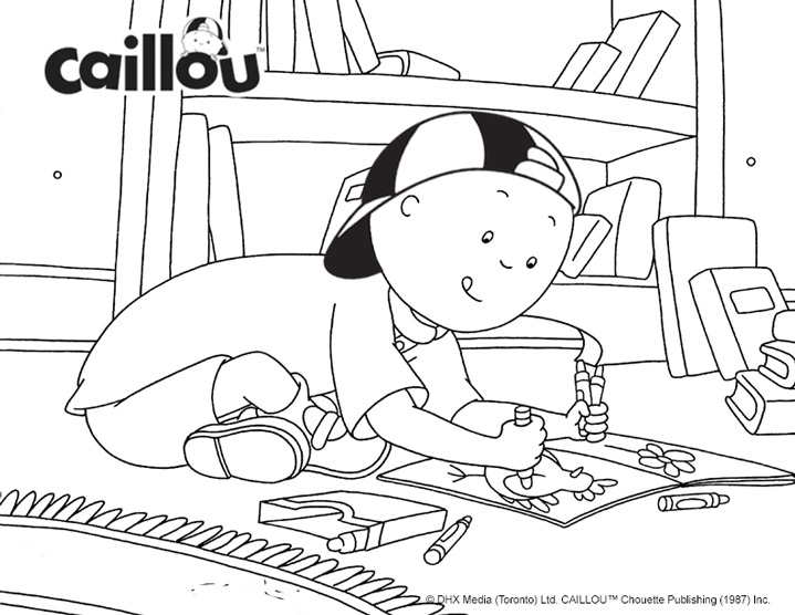 Caillou is sitting on a floor with a colouring book and crayons in both hands