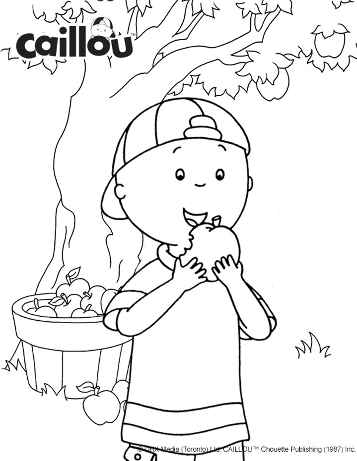Caillou eating an apple beside a large apple tree