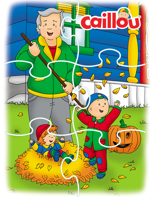 A puzzle cutout with Caillou, sister and adult raking leaves