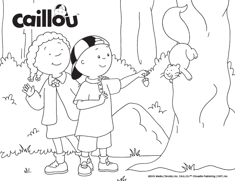 Caillou and grandma standing beside a tree with squirrel