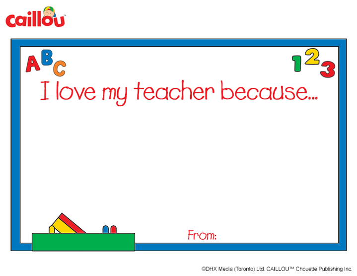 A card template with words 'I love my teacher because..."