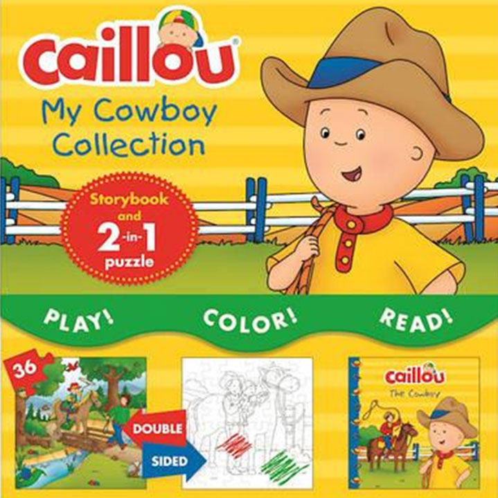 A happy boy standing in front of a fence wearing a cowboy hat and a yellow shirt. There is an image below him of three storybooks.