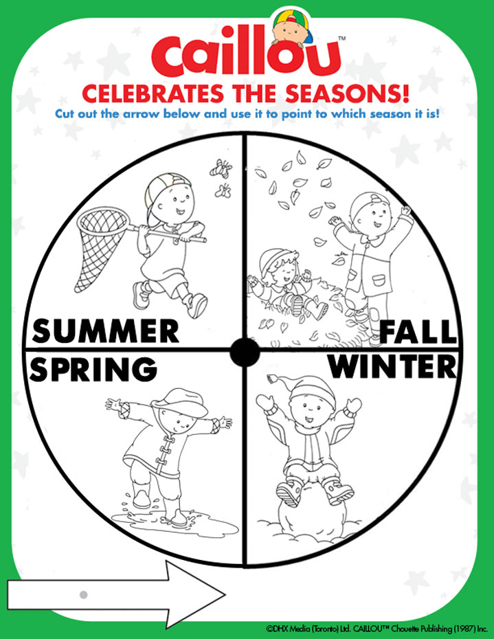 a cutout of a circle showing Caillou in different pictures in different seasons
