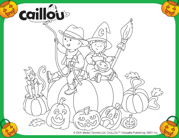 Caillou and a little girl sitting on pumpkins, playing cowboys