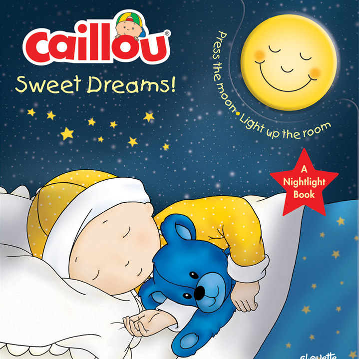 A book cover of a young boy sleeping in his bed and hugging a blue bear with a dark, night sky in the background.