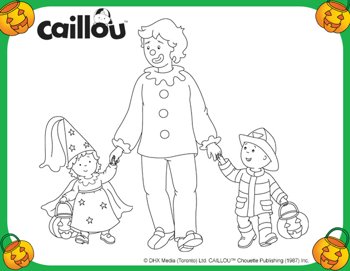 A clown dressed adult is holding hands with Caillou dressed in fireman costume and a little girl in a witch costume