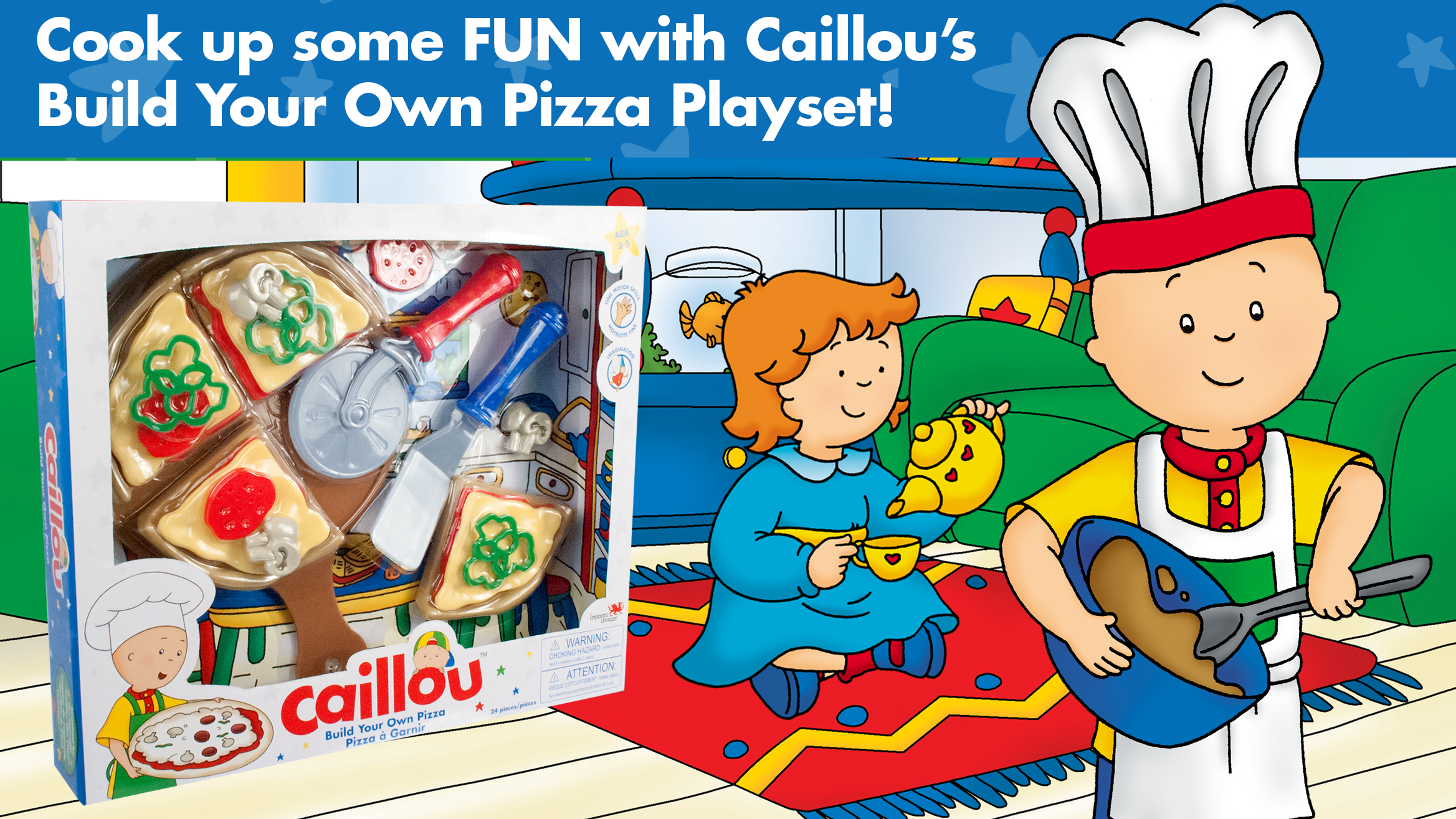 A plastic 'Build Your Own Pizza' activity for kids, inside a clear box packaging with an image of a young chef.