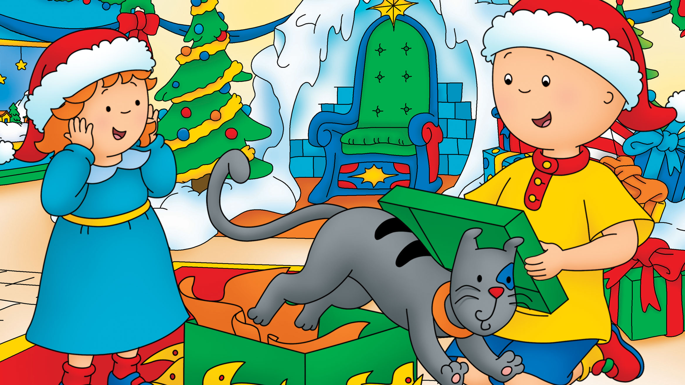 A boy and a girl, wearing red Santa Claus hats, are opening up a gift. A grey cat is jumping out of the gift box.