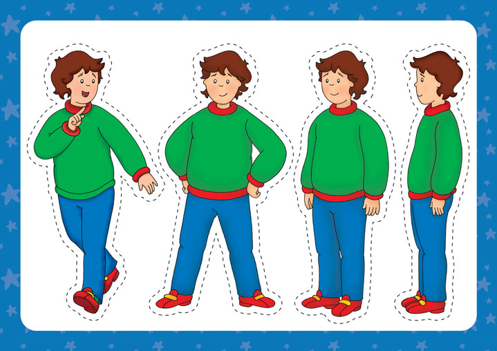 a cutout template of a standing adult in four positions