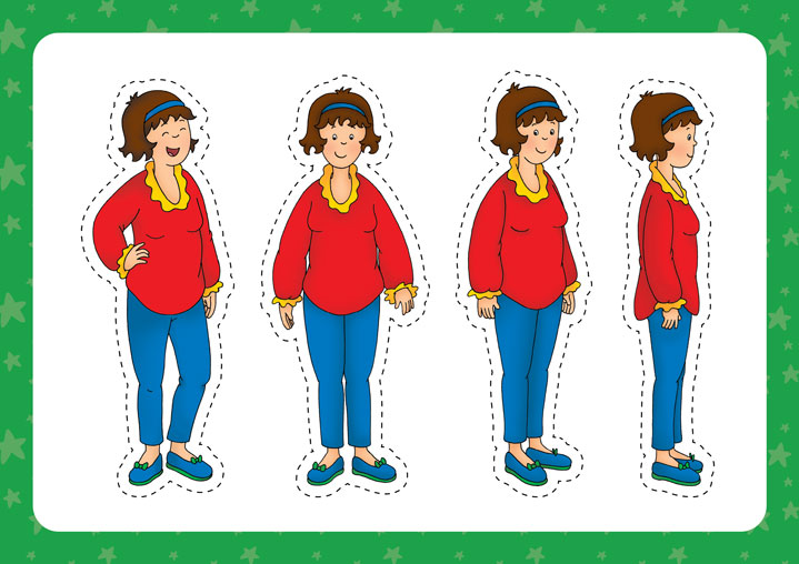 a cutout template of a standing adult woman in four positions