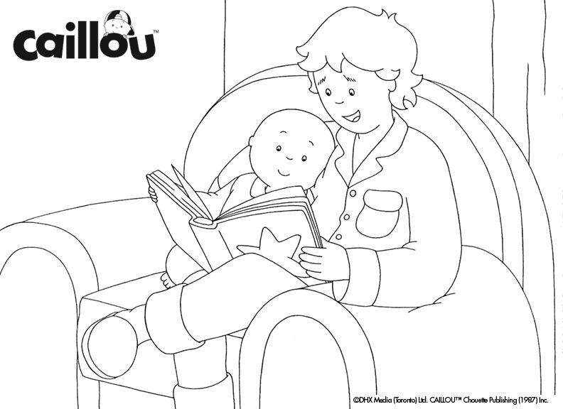 An adult is sitting on a couch, reading a book with Caillou