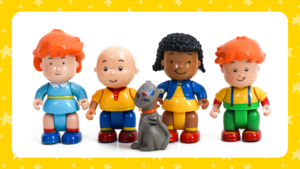 Five plastic toy figures in front of a white background with a yellow border.