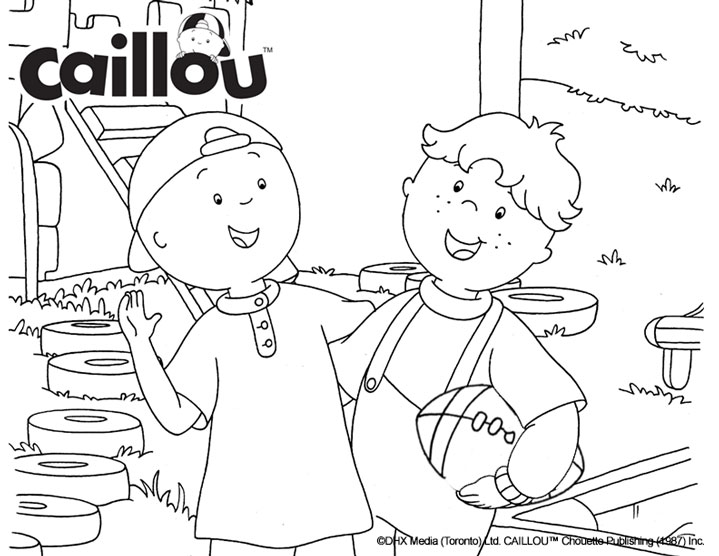Caillou and a boy in overalls holding a football