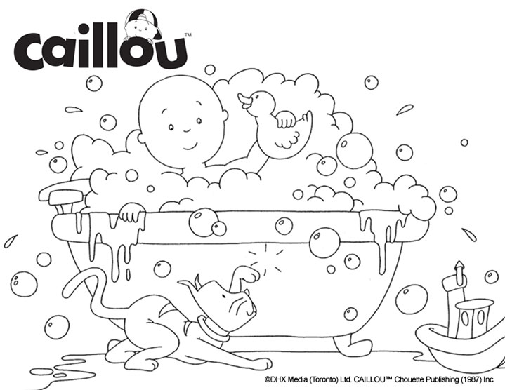 Caillou is having a bubbly bath, holding a rubber duck, cat is playing with bubbles