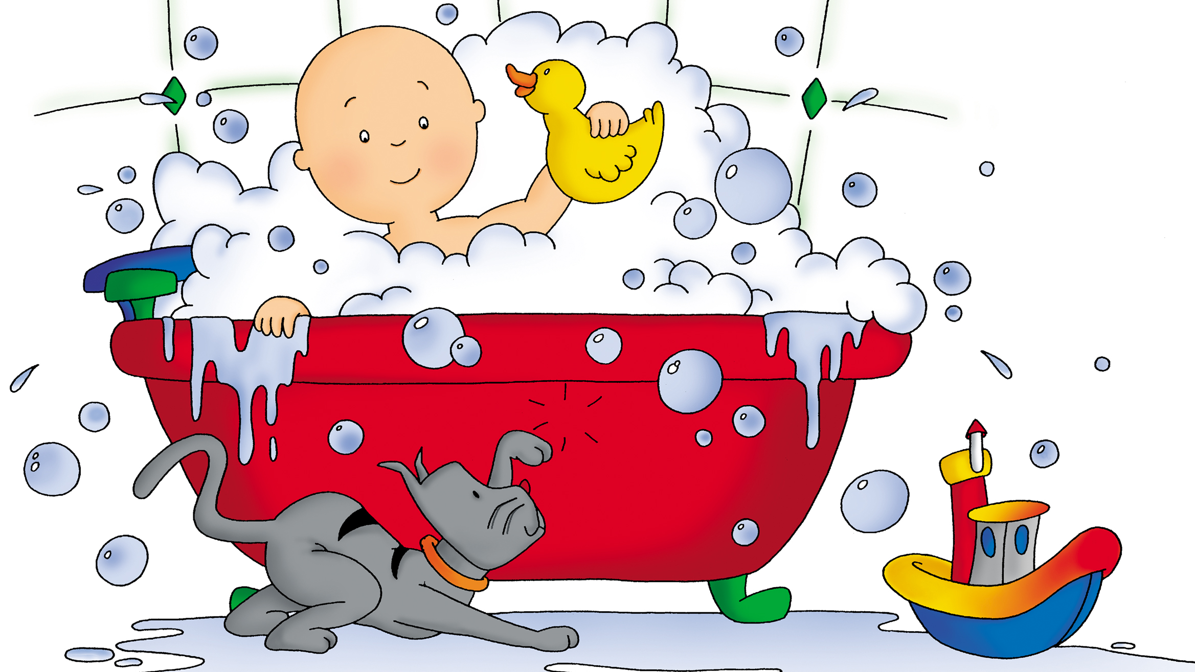 A young, bald boy holding a yellow duck and sitting in a red bathtub full of soap bubbles.