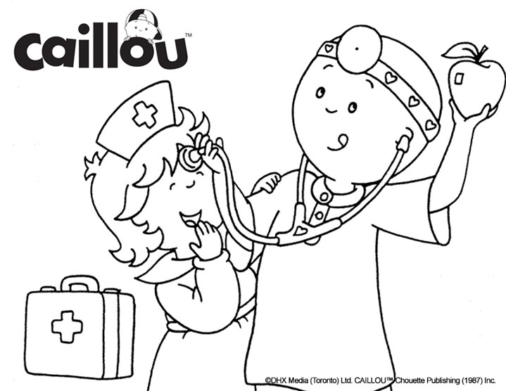 Caillou and a girl wearing doctor outfits