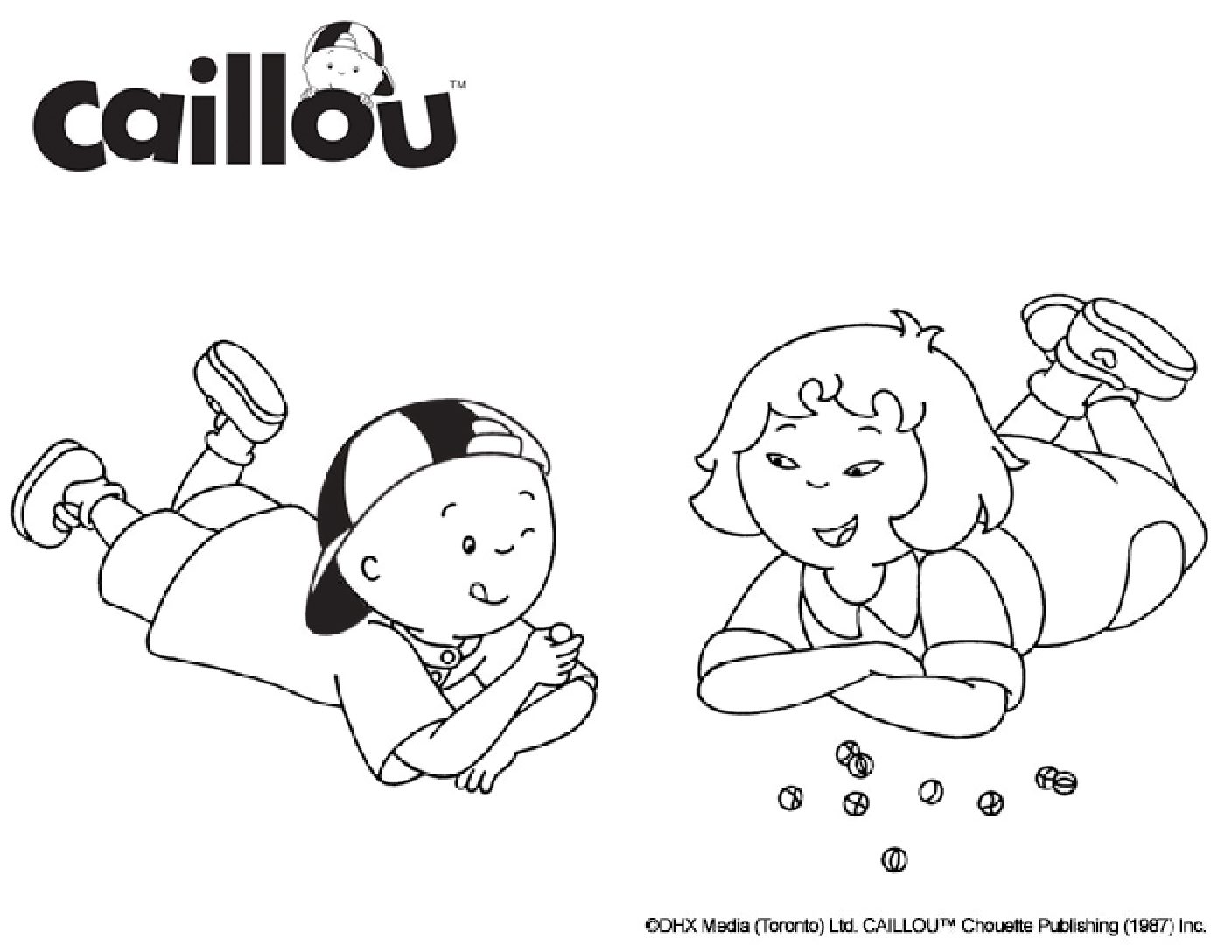 Caillou and a girl laying on a floor playing with marbples