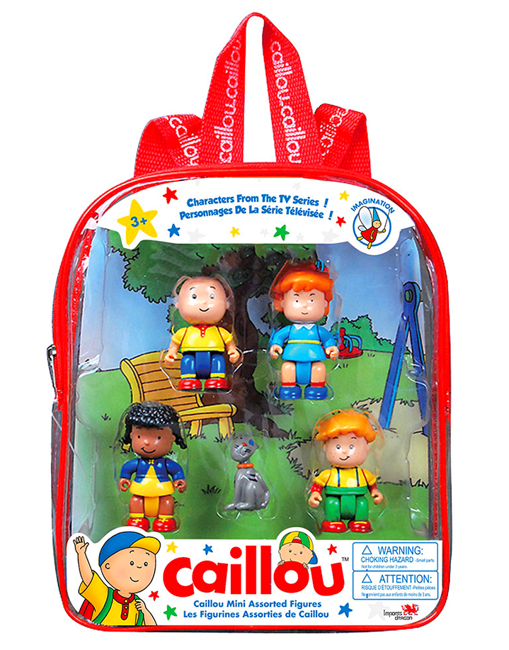A red, children's backpack with a transparent front side, filled with four plastic figures inside.