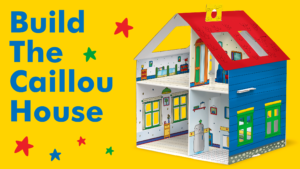 A red and blue toy house on a bright yellow background.