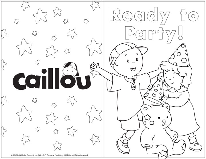Caillou and a girl playing with a teddy bear, stars in the background