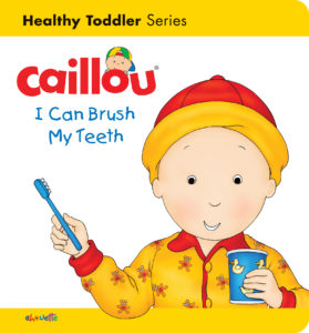 Caillou is dressed in yellow pajamas holding a toothbrush and a cup