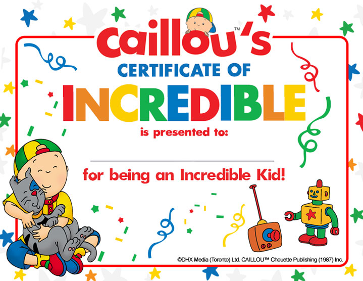 Certificate of Incredible - Caillou holding a cat, a robot toy with a remote control